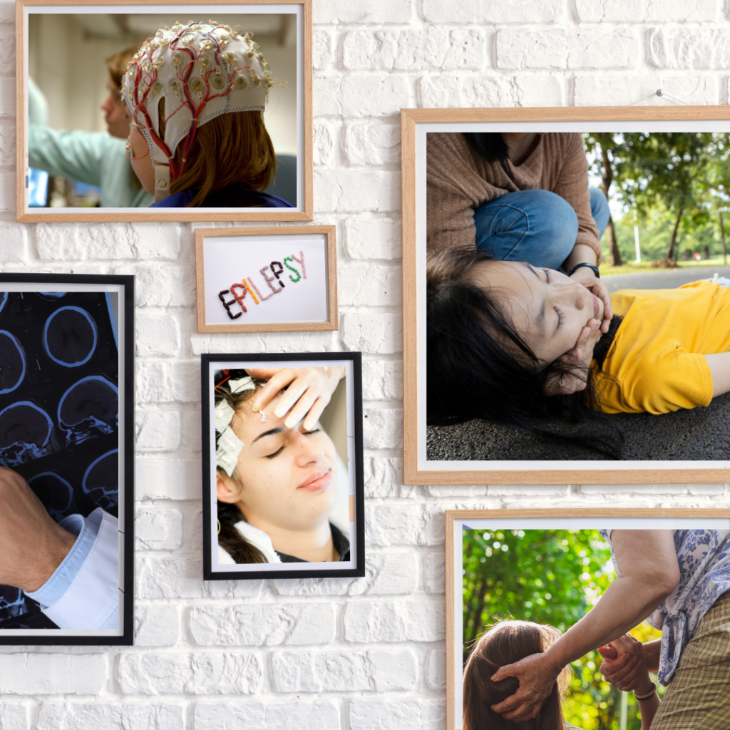 Kinder mit Epilepsie an der Wand hängen Bilderrahmen mit lauter Bildern von Kindern mit Epilepsie
