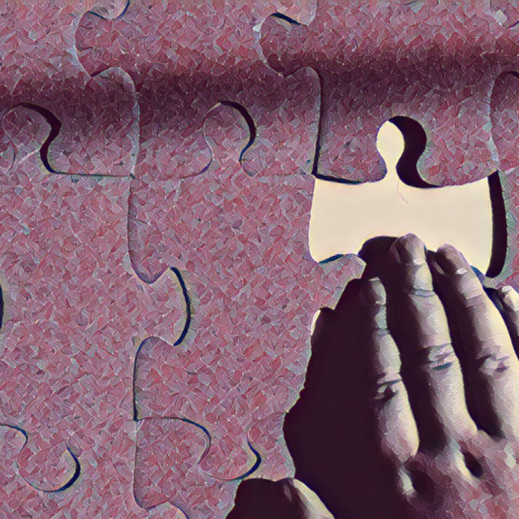 Funkstille, Eltern mit Kontaktabbruch ihrer Kinder Puzzle mit einem fehlenden Teil weißt auf den Verlust von einem Kind, das den Kontakt abgebrochen hat hin, den die Eltern empfinden