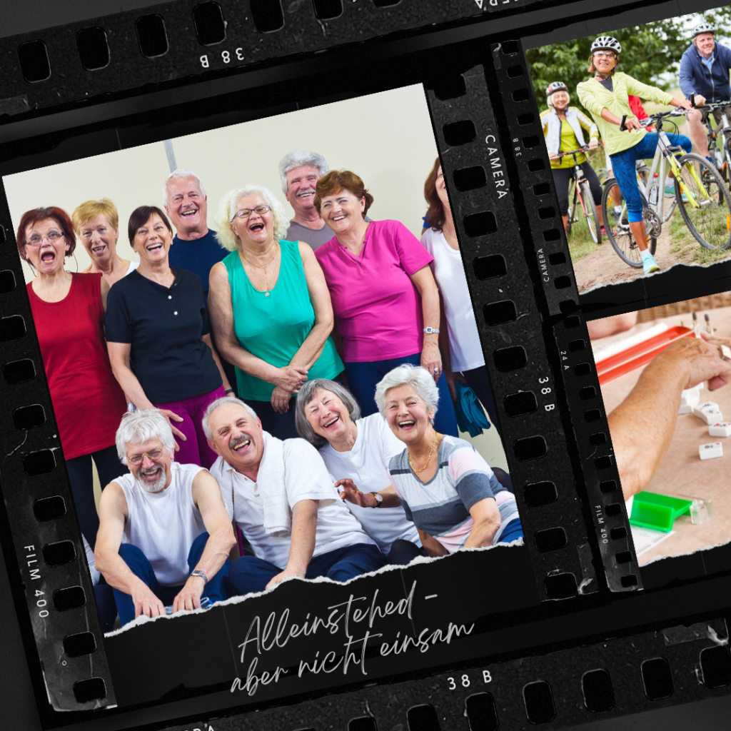 Ein alter Camerafilm zeigt einzelne Ausschnitte von lächelnden Damen und Herren fortgeschritteneren Alters bei gemeinsamen Freizeitaktivitäten, wie Radfahren, Scrabble spielen