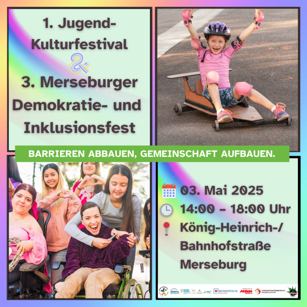 Zwei Bilder im Stil eines Veranstaltungsplakats. Auf dem ersten Bild fährt ein Kind in einer bunt dekorierten, selbst gebauten Seifenkiste und streckt dabei jubelnd die Arme in die Höhe. Auf dem zweiten Bild sind mehrere Menschen mit sichtbaren Behinderungen zu sehen – sie lachen und genießen gemeinsam eine fröhliche, inklusive Atmosphäre.