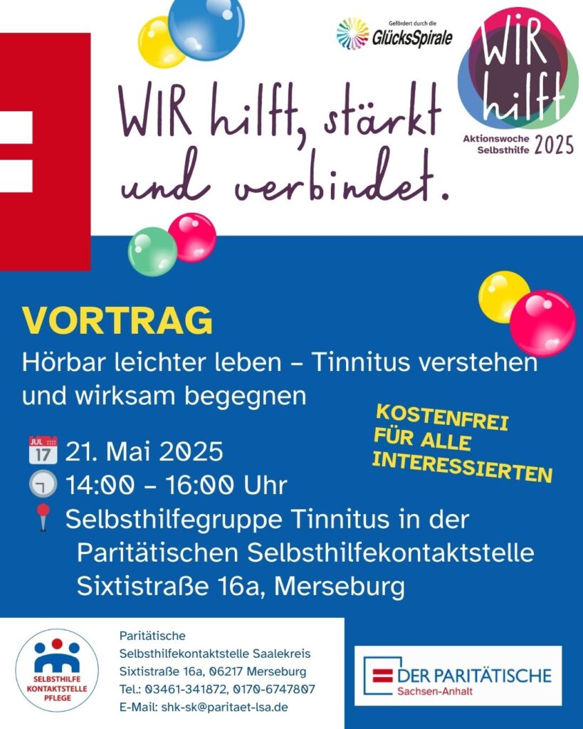 Das Bild zeigt mit der Überschrift: Wir hilft, stärkt und verbindet. Aktionswoche Selbsthilfe 2025 alle relevanten Daten des Vortrags.