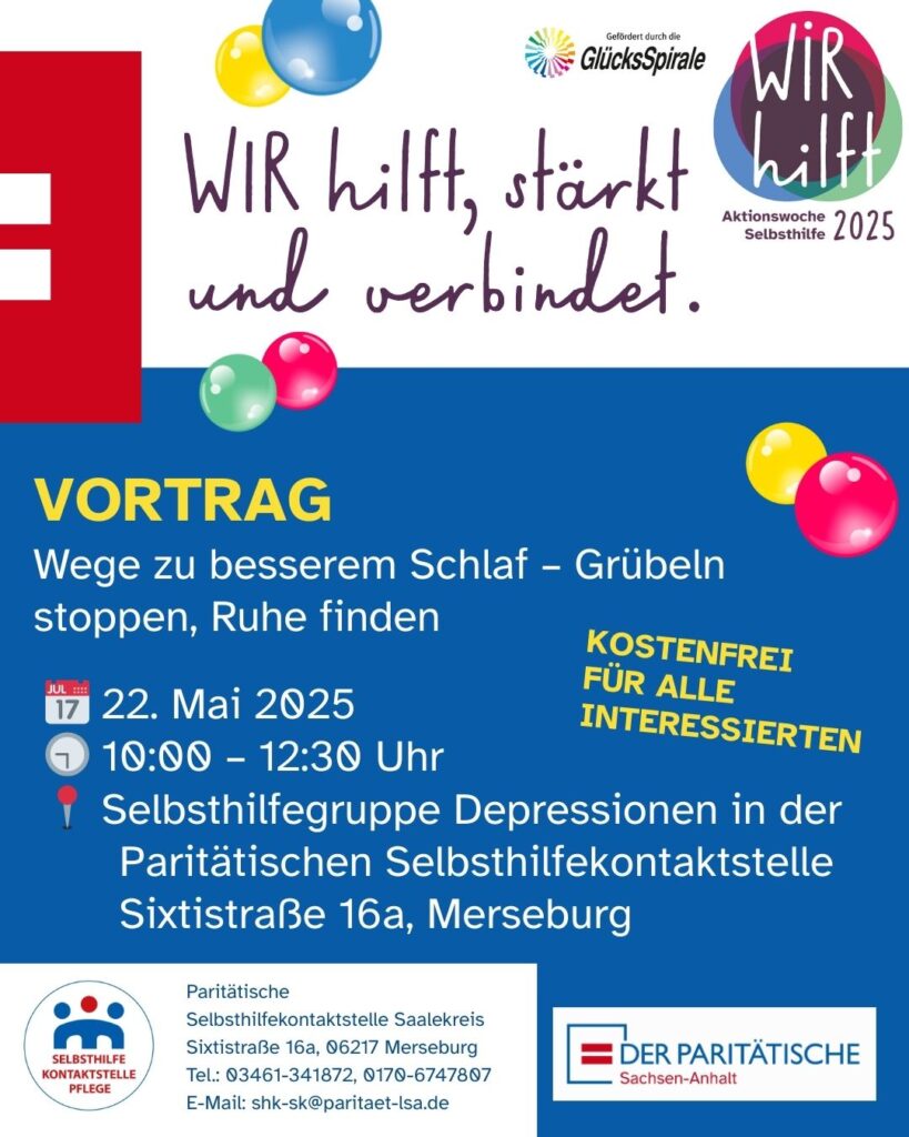 Das Bild zeigt mit der Überschrift: Wir hilft, stärkt und verbindet. Aktionswoche Selbsthilfe 2025 alle relevanten Daten des Vortrags. 
