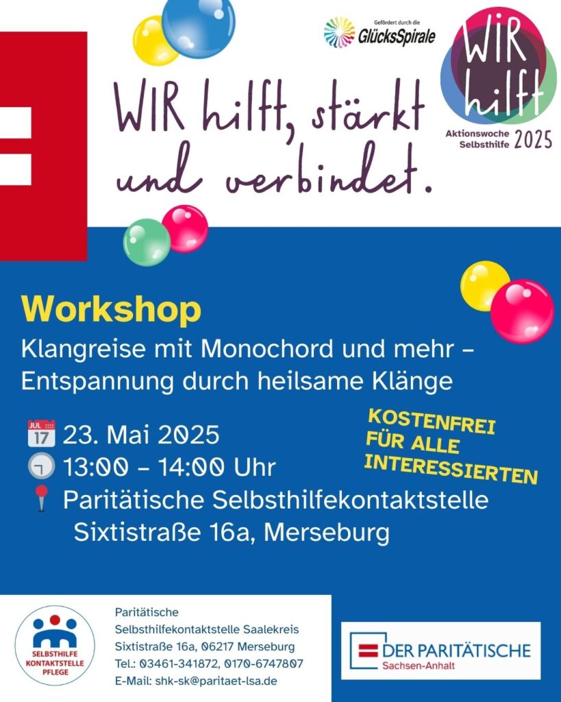 Das Bild zeigt mit der Überschrift: Wir hilft, stärkt und verbindet. Aktionswoche Selbsthilfe 2025 alle relevanten Daten des Vortrags.