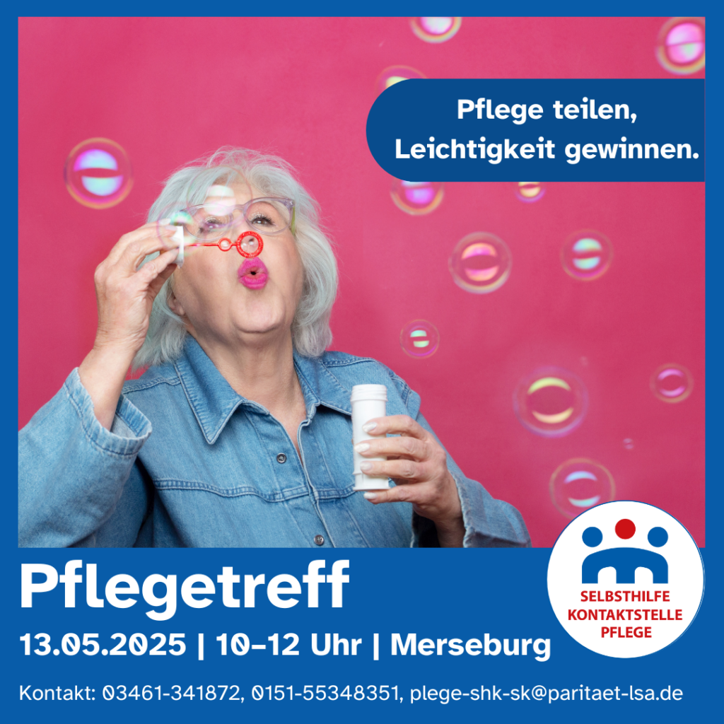 Auf den Bild ist eine Frau zusehen, welche Seifenblasen macht. Nachfolgender Text befindet sich am rechtem Rand: Pflege teilen, Leichtigkeit gewinnen.
