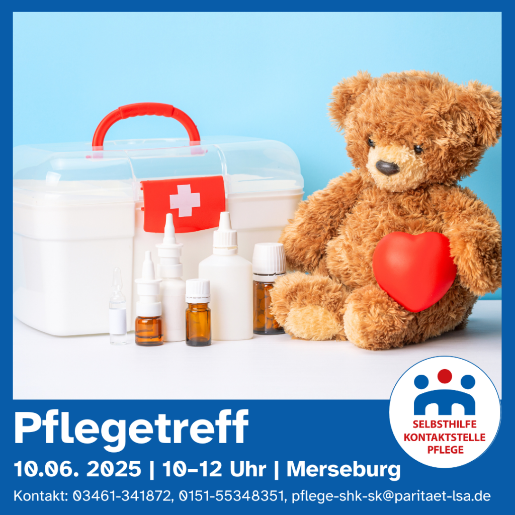 Das Bild zeigt ein Notfallkoffer und einen Teddybär, welcher rechts daneben sitzt und ein rotes Herz im linken Arm hält.