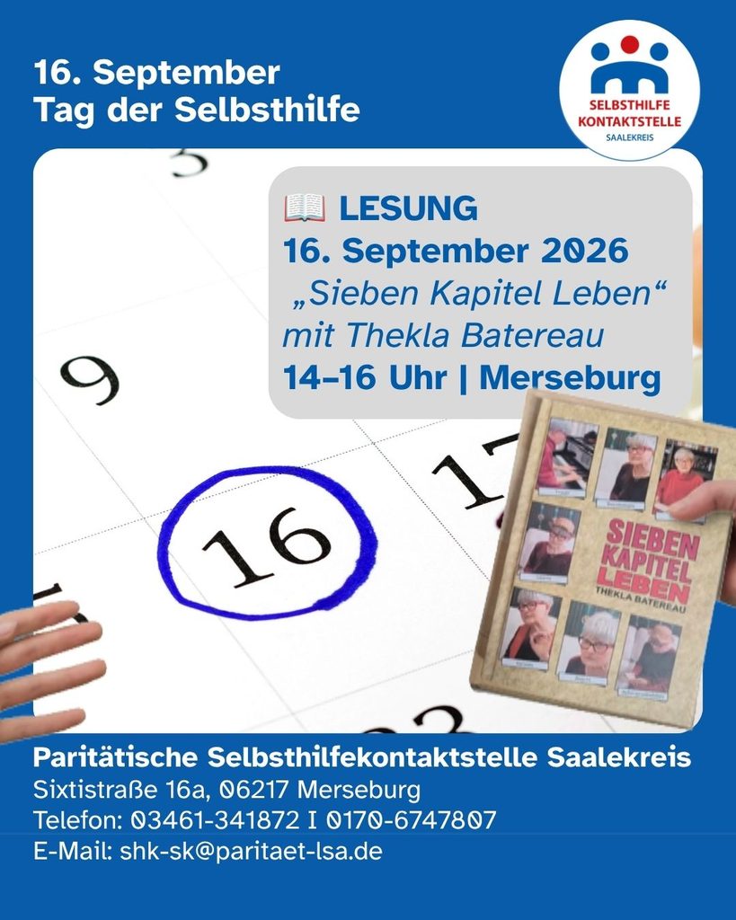 Vor einem Kalenderblatt auf dem der 16. September eingekreist ist gibt eine männliche Hand einer weiblichen Hand das Buch von Thekla Battereau mit dem Titel "Sieben Leben". Darüber steht in einem Banner Lesung 16. September 2026, Sieben Leben mit Thekla Battereau 14:00-16:00 Merseburg